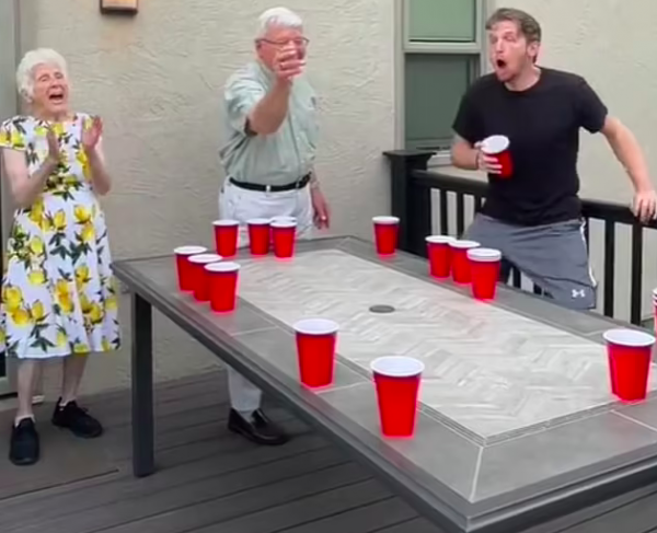 Elderly grandparents stun grandson and friends with flawless beer pong game