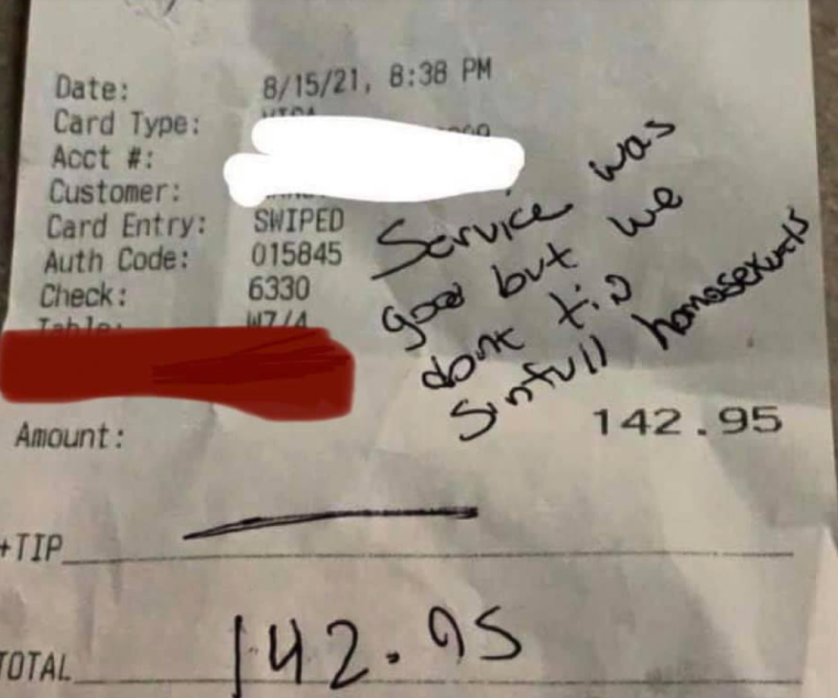 homophobic note left on receipt