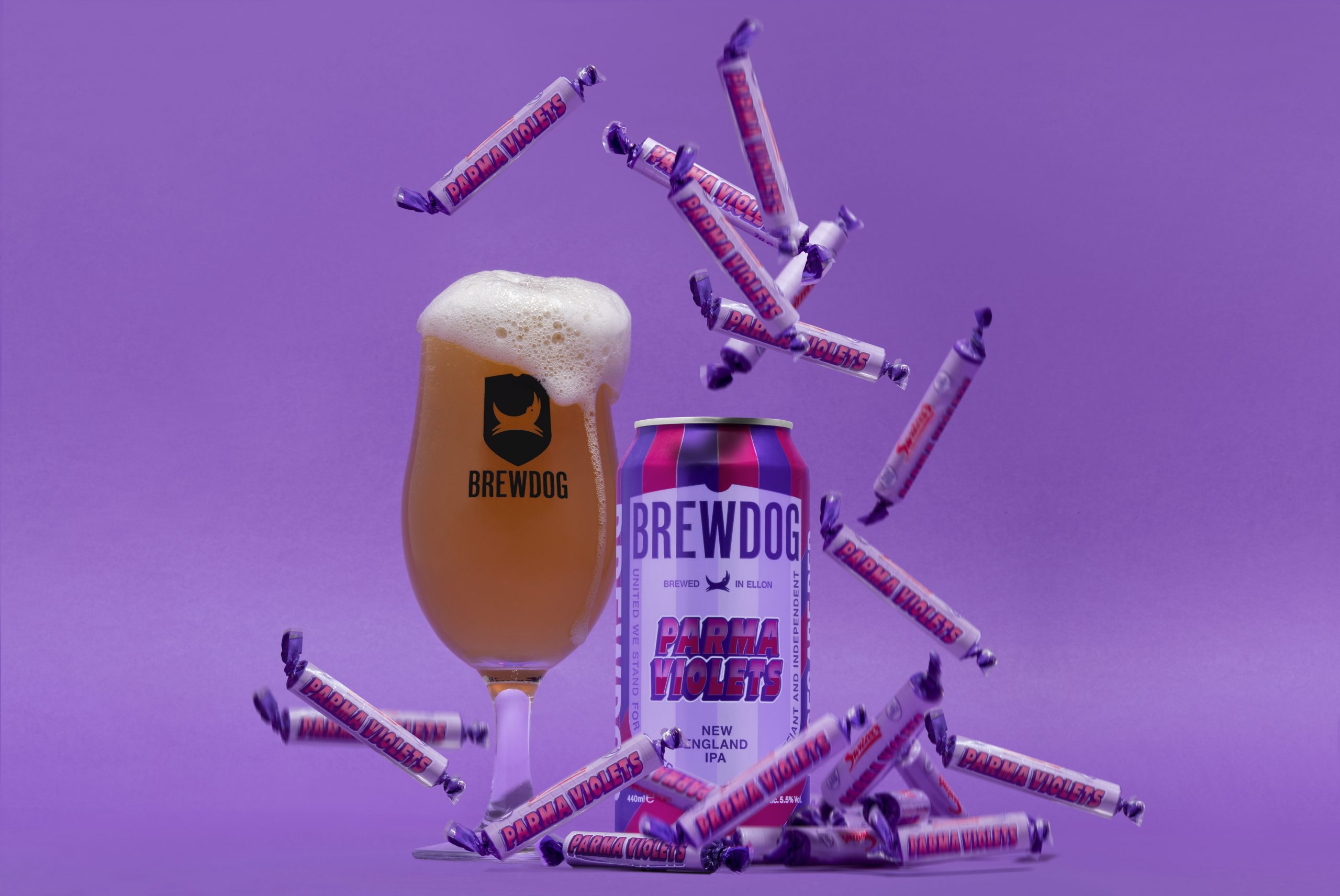 Can and glass of new Parme Violet beer: BrewDog launches Parma Violet flavoured beer