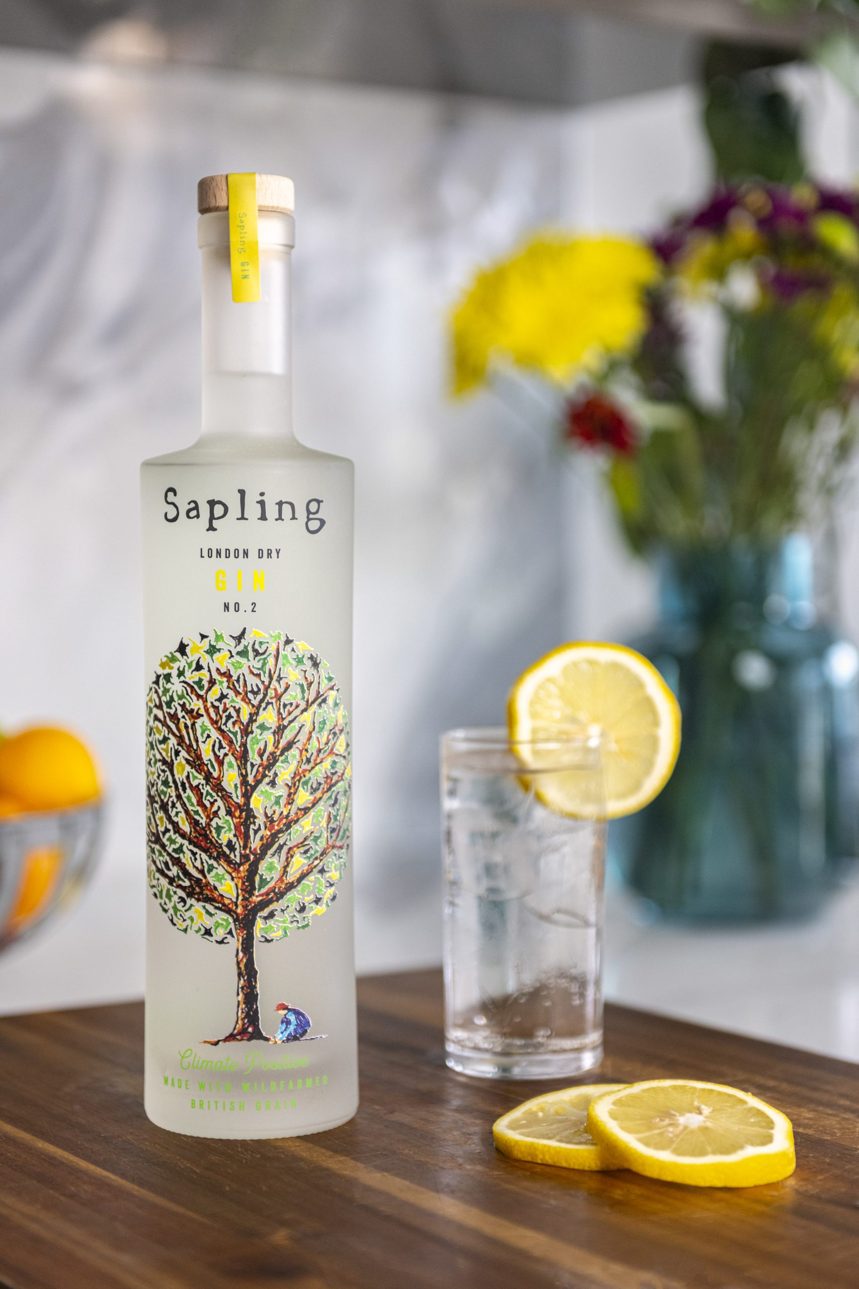 Bottle of sapling gin with gin and tonic glass: Sapling Spirits launches eco-friendly gin at Royal Academy Summer Exhibition