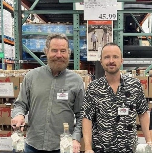Bryan Cranston and Aaron Paul spotted handing out mezcal samples in Costco