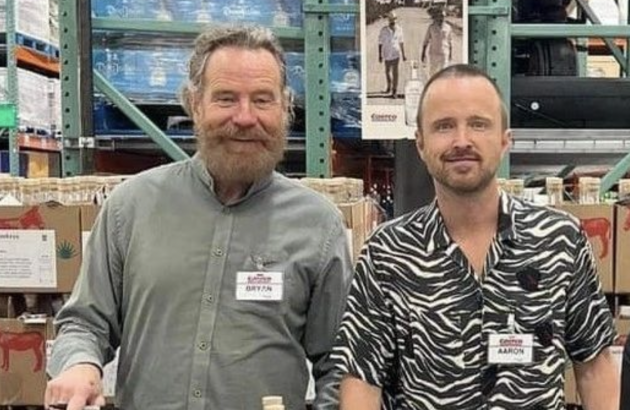 Bryan Cranston and Aaron Paul spotted handing out mezcal samples in Costco