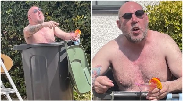 Footage shows man drinking cocktail in bin full of water during heatwave