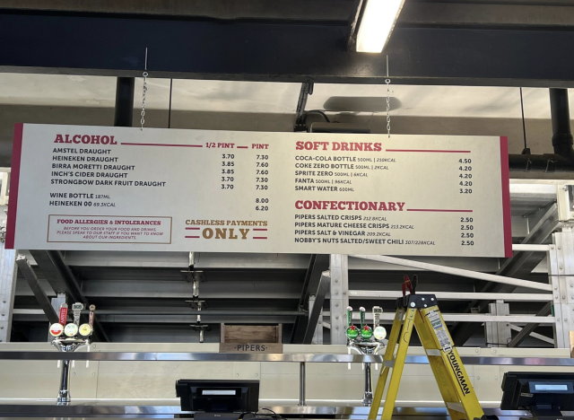 A menu showing West Ham beer prices at the London Stadium