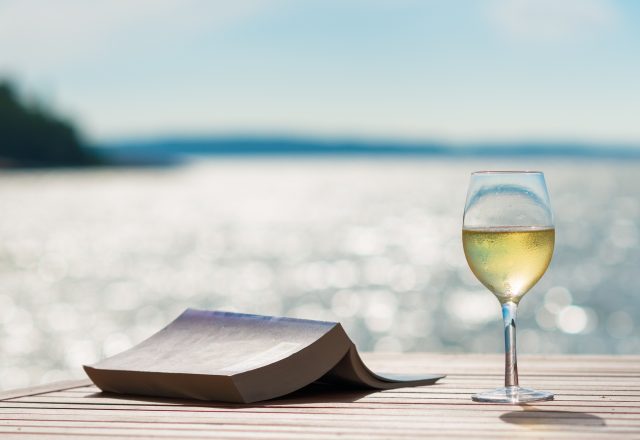 get paid to go on holiday and drink wine - a glass of wine with a book