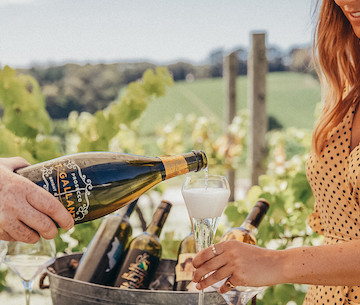 Bottle of T'Gallant being poured into woman's glass in front of vineyard: Treasury Wine Estates sells T'Gallant for AUD$9.7 million