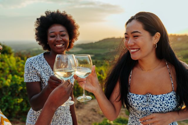 Female friends making a wine toast. The gathering is in the vineyard at sunset. Everyone is looking cool, laughing and smiling: Can wine take back its share of the US on-trade?