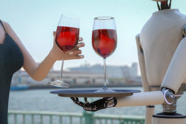 ChatGPT sommelier - robot offers woman a glass of wine