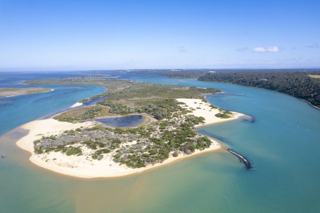 Gippsland Lakes near Lake Entrance, Victoria, Australia. Top view, aerial photography.