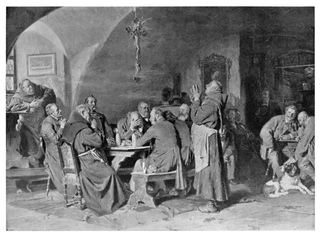 Monks praying before eating and drinking mead, they themselves brewed - Scanned 1894 Engraving