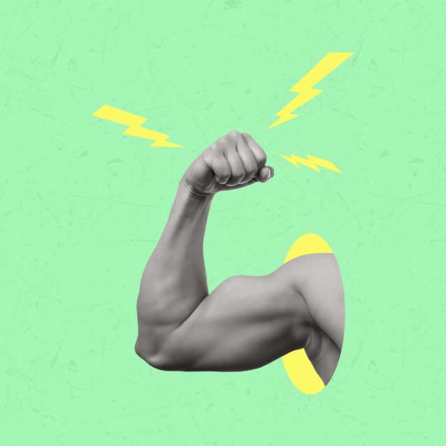 Collage with a muscular arm