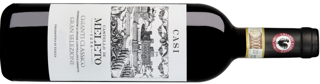 An image of the wine bottle of Castello di Meleto Vigna Casi Chianti Classico Gran Selezione 2020. It bears the black cockerel of Chianti Classico DOCG and a historical black and white woodcut print of the castle.
